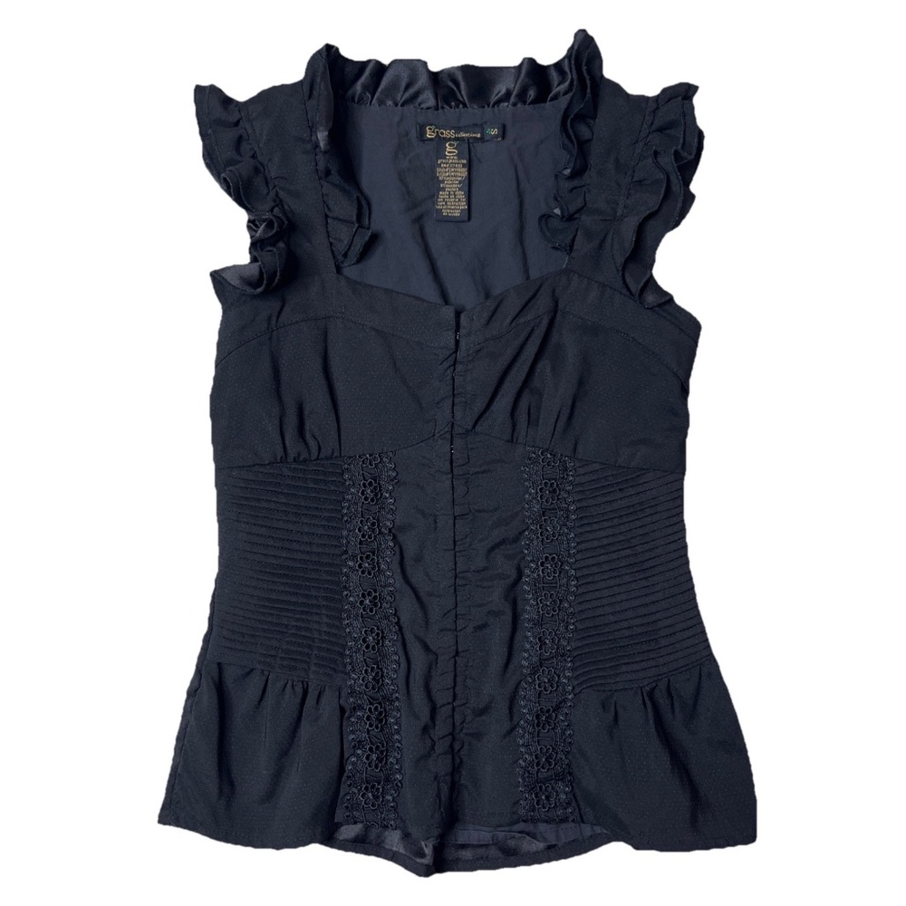 Grass Collections Blouse Women Small Black Ruffle Corset Coquette Romantic Top
